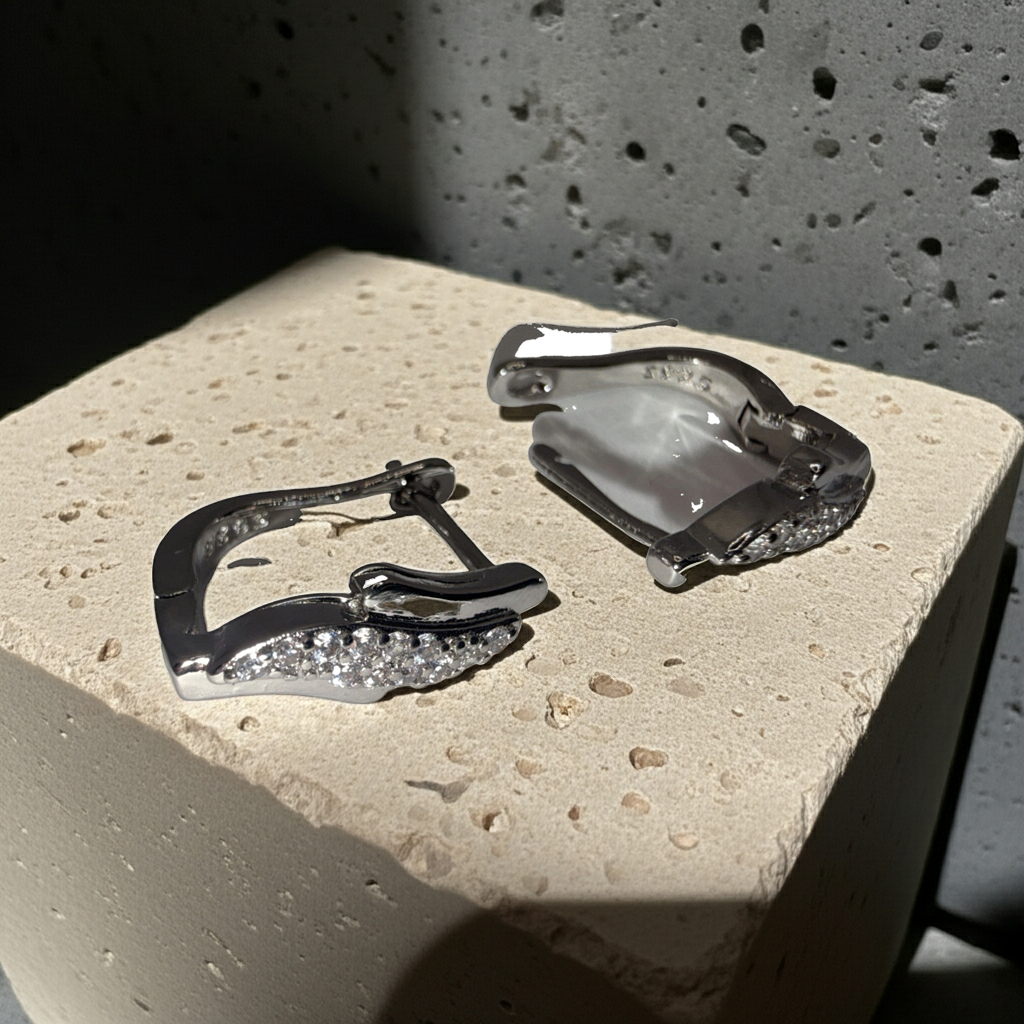 Silver-Tone Wave Huggie Earrings, Clear Rhinestone Pave